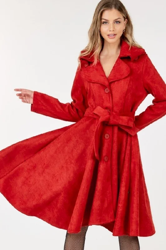 Women's Elegant Outfit Hot Girl Drop-Red Gorgeous A-Line Suede Swing Overcoat In Red