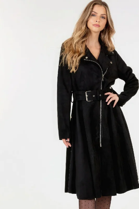 Women's Vacation Outfit Hot Girl Belted Touch Of Suede Pea Coat In Black
