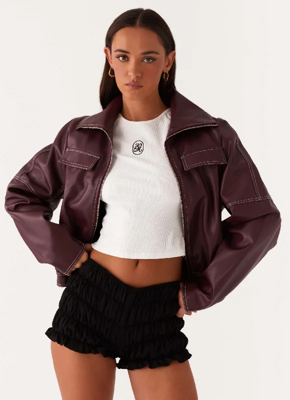 Women's Office Clothing Meant To Be PU Boxy Jacket - Wine