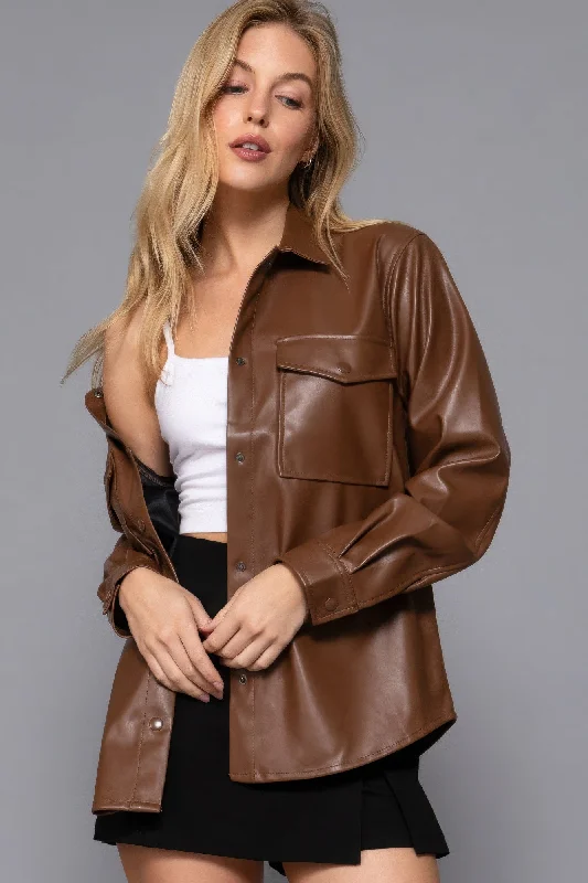 Women's Evening Wear Outfit Hot Girl Milan Faux Leather Shacket In Brown
