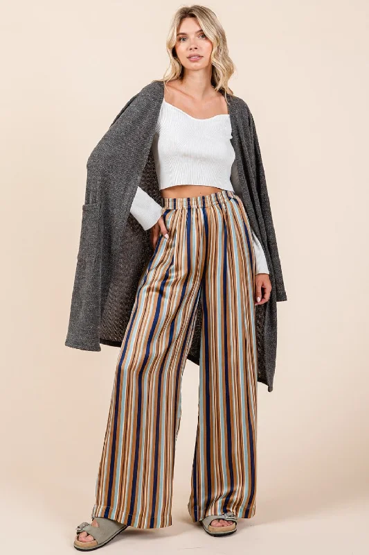 Women's Casual Wear Outfit Hot Girl Mittoshop Striped Satin Elastic Waist Wide Leg Pants