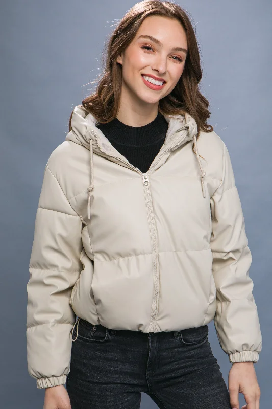 Women's Seasonal Garments Hot Girl Faux Leather Zipper Hooded Puffer Jacket In Cream