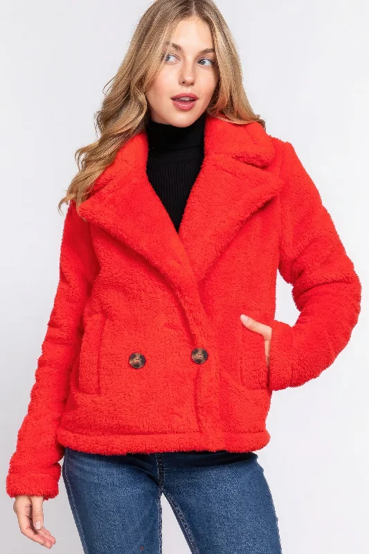 Women's Activewear Outfit Hot Girl Cozzie Faux Fur Sherpa Jacket In Red
