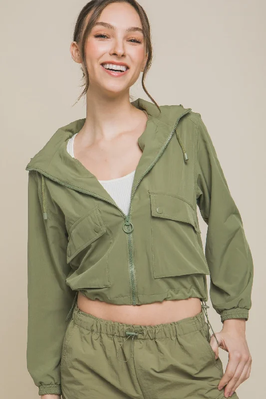 Timeless Women's Garments Hot Girl Love Tree Drawstring Hem Hooded Zip-Up Jacket In Olive