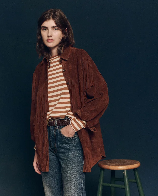 Women's Comfy Loungewear Outfit The Suede Fringe Shirt Jacket. -- Cognac