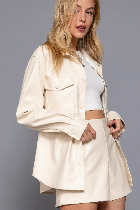 Women's Stylish Outdoor Outfit Hot Girl Milan Long Sleeve Faux Leather Shacket In Ivory