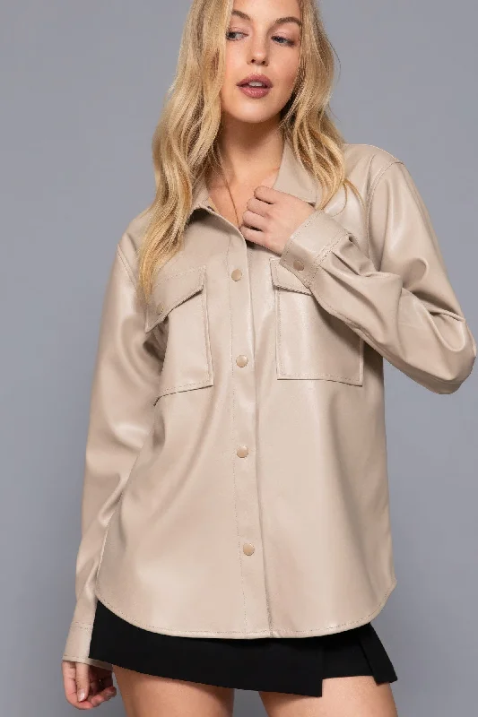 Fashionable Women's Outfit Hot Girl Milan Faux Leather Shacket In Beige