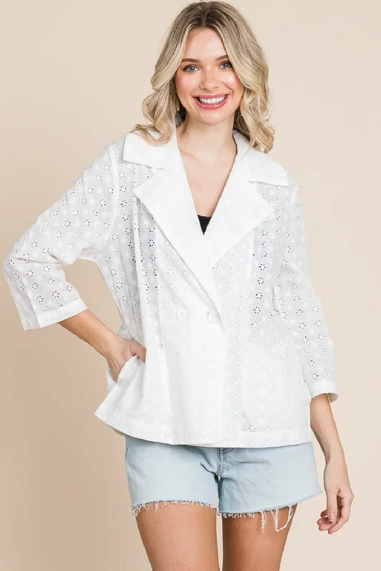 Elegant Women's Attire Culture Code Double Breasted Eyelet Jacket with Pockets