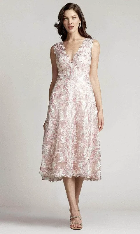 Online Shopping Boutiques Tadashi Shoji BUE22195MD - Sleeveless Deep V-neck Tea Length Dress