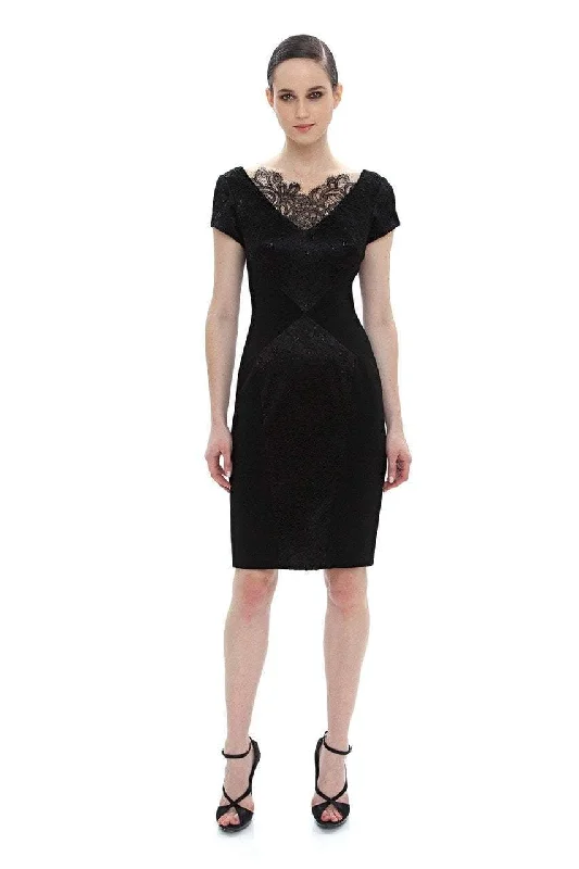 You'll Love Us Because Theia - 882386SC Short Sleeve Lace Panel Tea-Length Dress