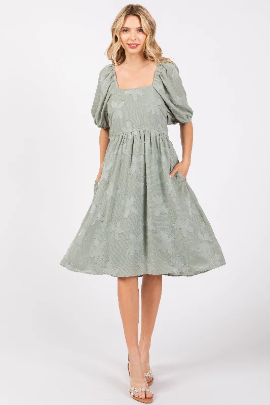 Limited Edition Sage Textured Floral Square Neck Puff Sleeve Dress