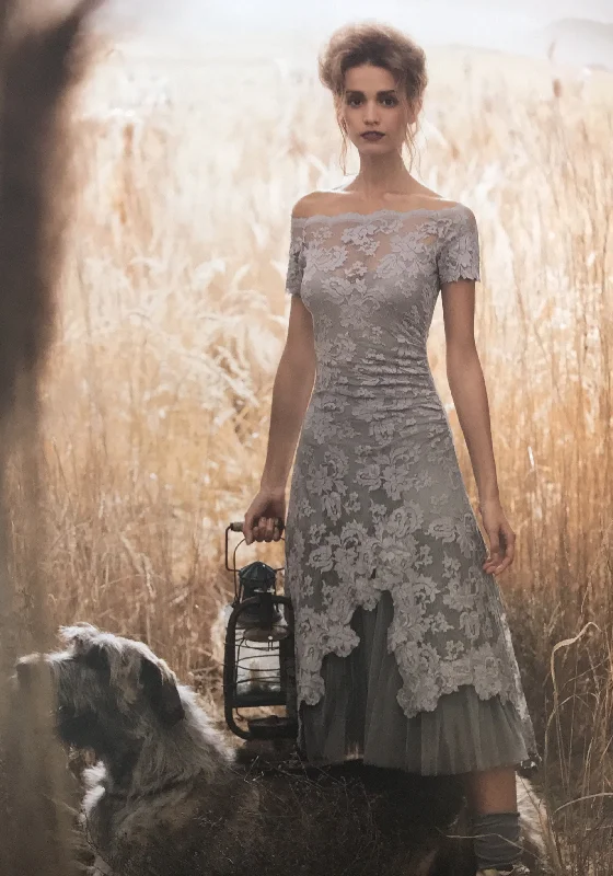 Chic Casual Style Olvis Lace Short Sleeves Off Shoulder Tea Length Dress W/Tulle At Bottom