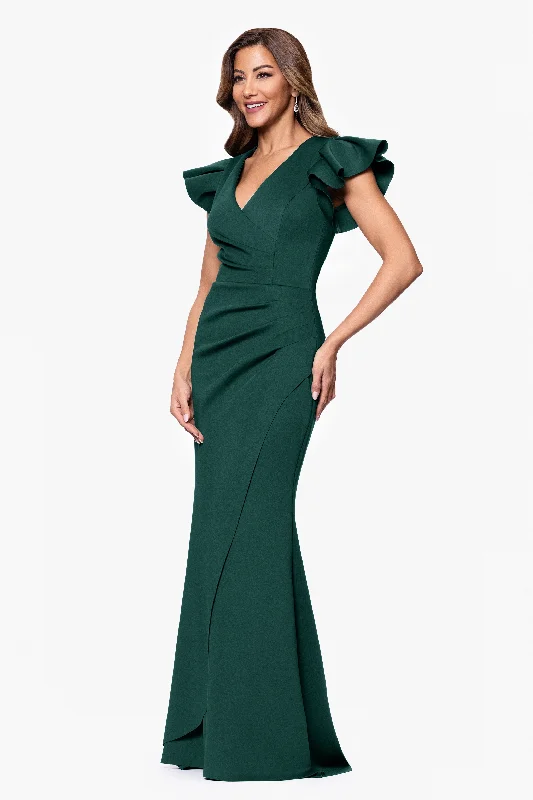 Chic Outfits "Anabelle" Techno Scuba Flutter Sleeve V-Neck Floor Length Dress