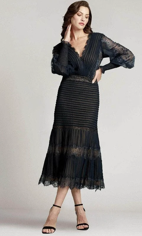 Relaxed Style Tadashi Shoji YV21070MD - Lace V-Neck Tea-Length Dress