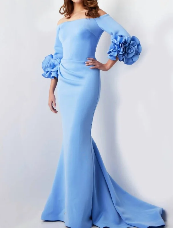 Current Trends Scuba Ruched Bell Sleeve Dress In Light Blue