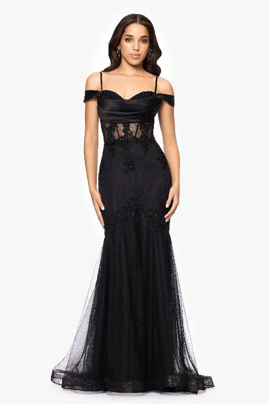 Trendy Women's Collection Blondie Nites "Miranda" Mesh Off the Shoulder Applique Floor Length Dress
