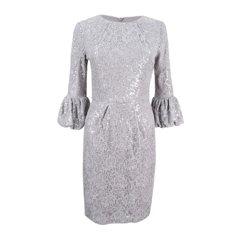Flash Sale Starts Betsy & Adam Women's Sequined Lace Bell-Sleeve Dress (4, Grey)