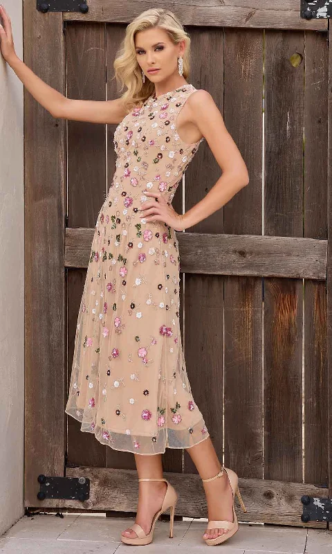 Flash Sale Or Flash Sales Primavera Couture 13159 - Floral Beaded A-Line Tea-Length Dress