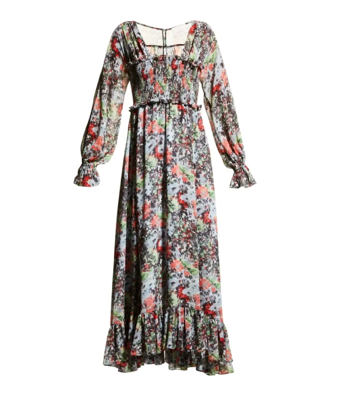 Daily Deals Leigh Floral Square Neck Long Sleeve Smocked Maxi Length Dress Multi in Floral/Multi