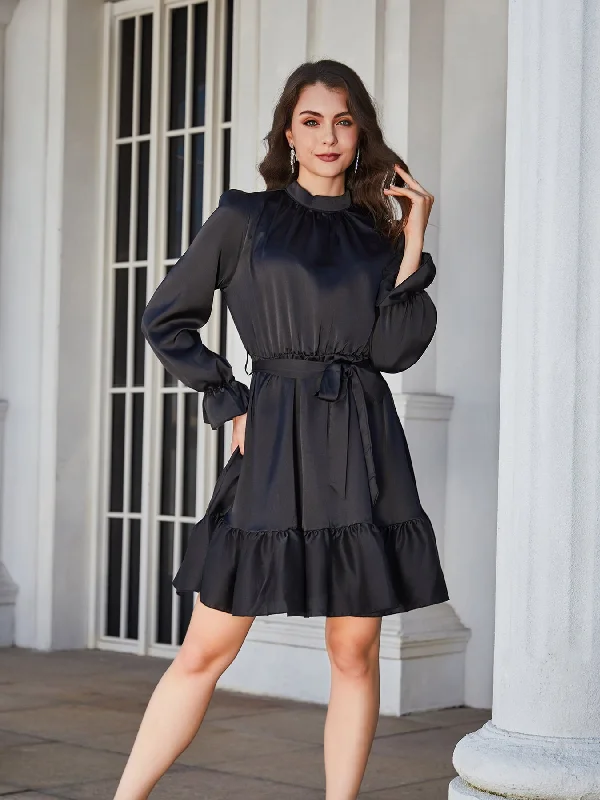Explore What's New Ruffle Hem Tie Belt Mock Neck Knee Length Dress
