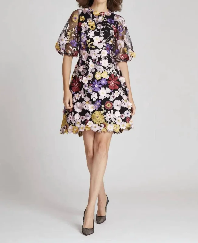Exquisite Women's Wear Sale Floral Appliqued Puff Sleeve Dress In Black Floral