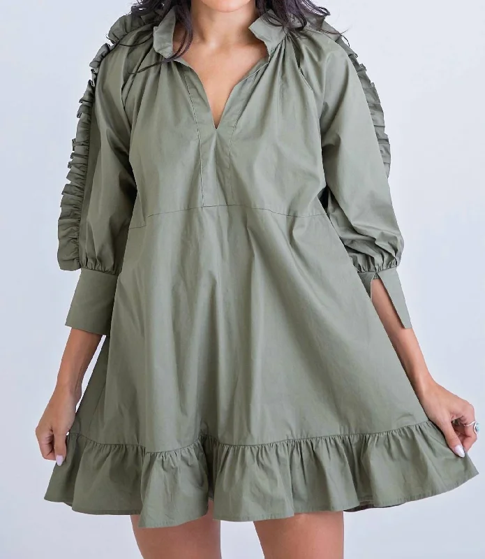 Trend Leading Collection Solid Poplin Ruffle Sleeve Dress in Olive
