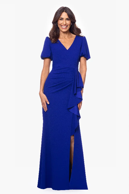 Luxury Fashion "Elenora" Scuba Crepe V-Neck Ruffle Floor Length Dress