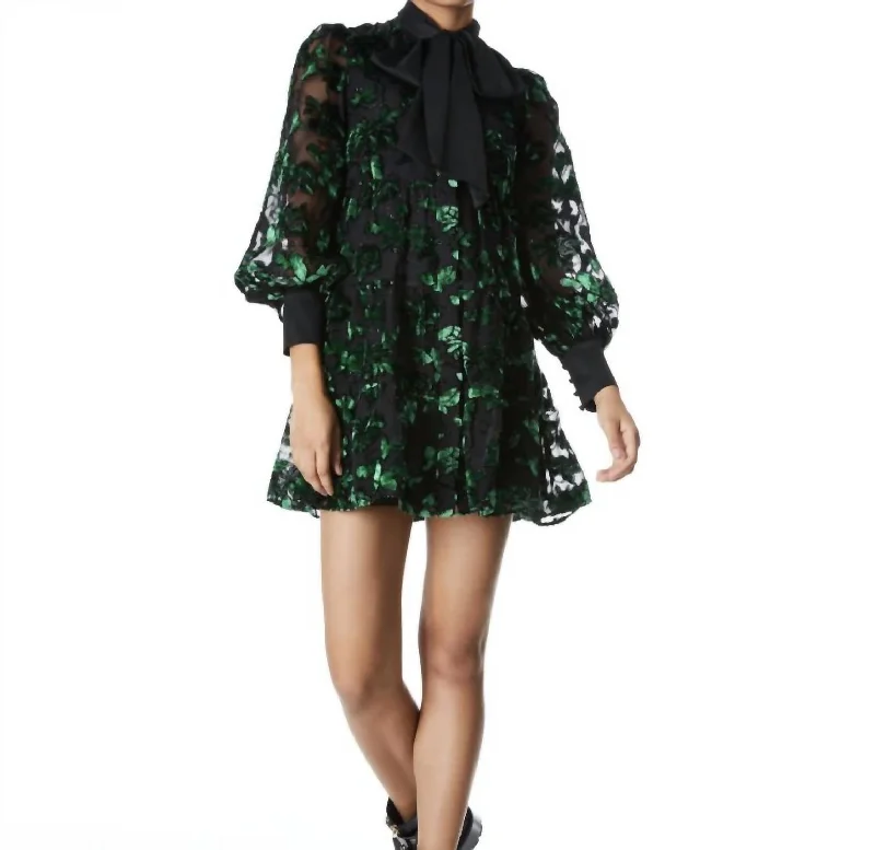 Holiday Glam Rowen Bow Neck Blouson Sleeve Dress in Black/Emerald