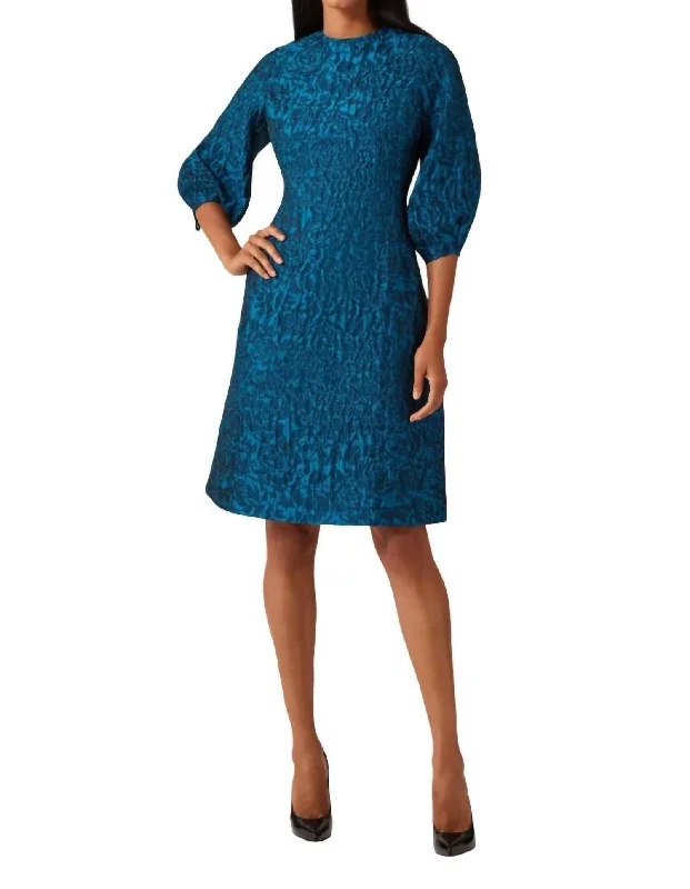 Clothing Woman Textured Floral Jacquard Balloon Sleeve Dress In Teal