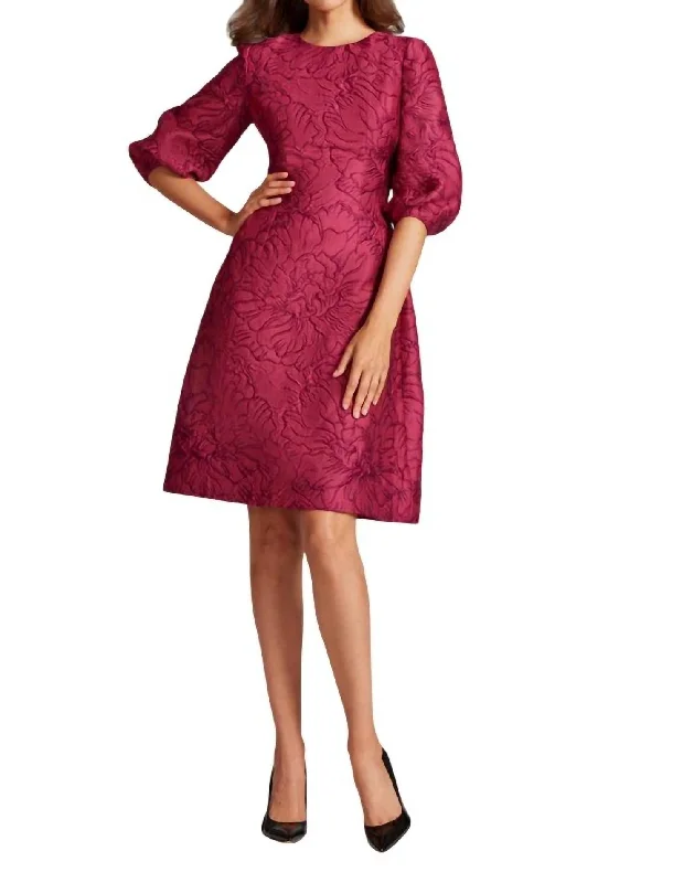 Online Boutique Stores Floral Jacquard Balloon Sleeve Dress In Ruby