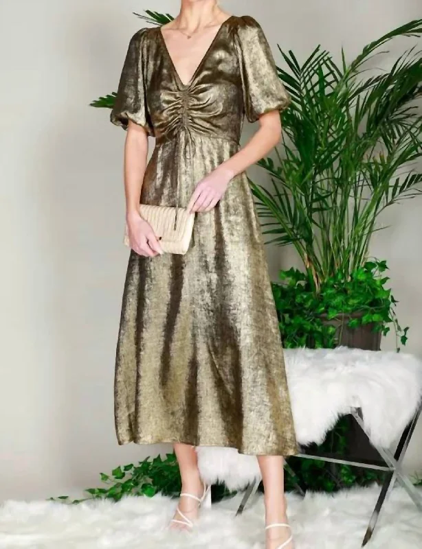 VIP Member Discount V-Neck Bubble Sleeve Dress In Gold