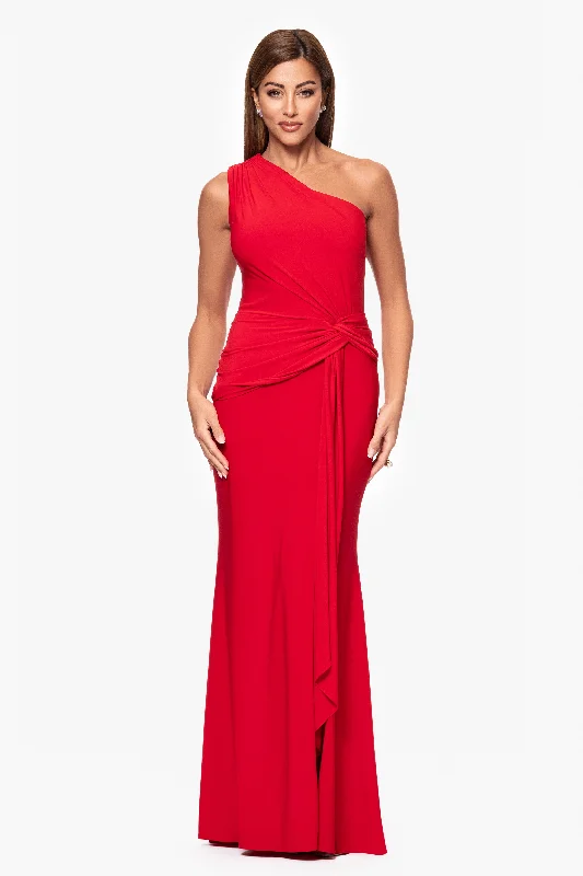 Effortless Chic Apparel Petite "Nara" Jersey Knit One Shoulder Rouched Floor Length Dress