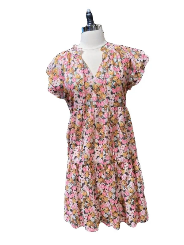 Festival Fashion Flutter-Sleeve Dress In Pink/orange Floral