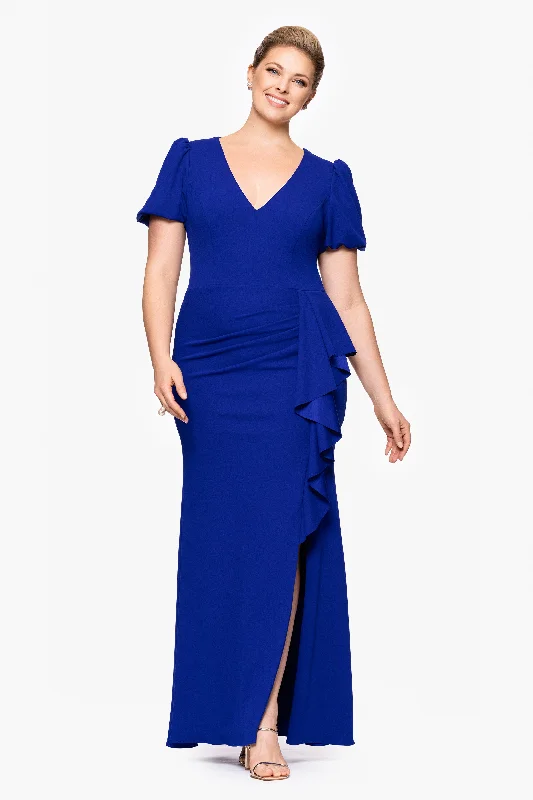 City Fashion Plus "Elenora" Scuba Crepe V-Neck Ruffle Floor Length Dress