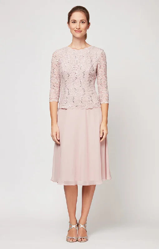 Comfortable Chic Tea-Length Dress with Sequin Lace Bodice & Chiffon Skirt