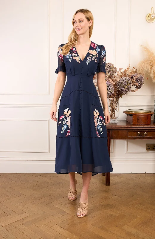 Cheap Women's Clothing Online Hope & Ivy Navy Clarice Ruffle Trim Sleeve Dress