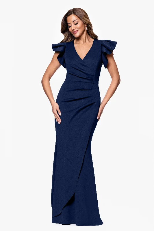 Modern Casual Clothing "Anabelle" Techno Scuba Flutter Sleeve V-Neck Floor Length Dress