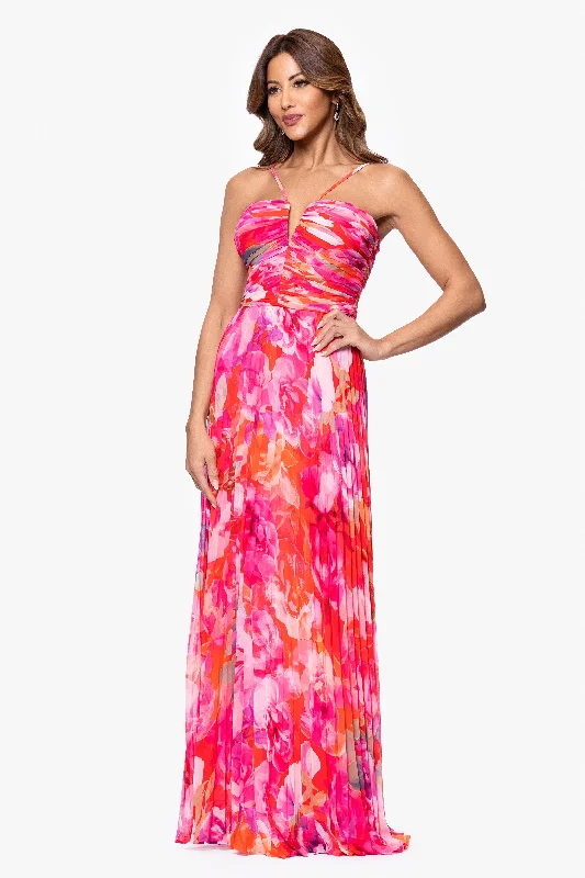 Comfort Meets Fashion "Eva" Chiffon Print Halter Neck  Floor Length Dress