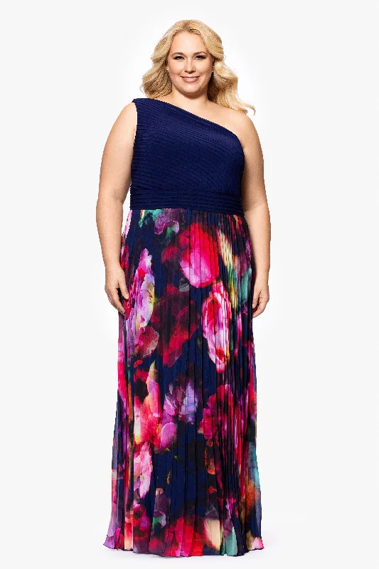 Holiday Glam Plus "Mary" Jersey Knit and Print Chiffon One Shoulder Floor Length Dress