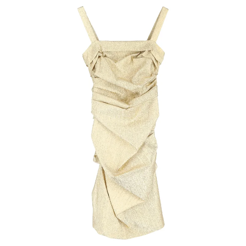 Urban Femme Streetwear Dolce & Gabbana Ruched Lamé Knee Length Dress in Gold Silk