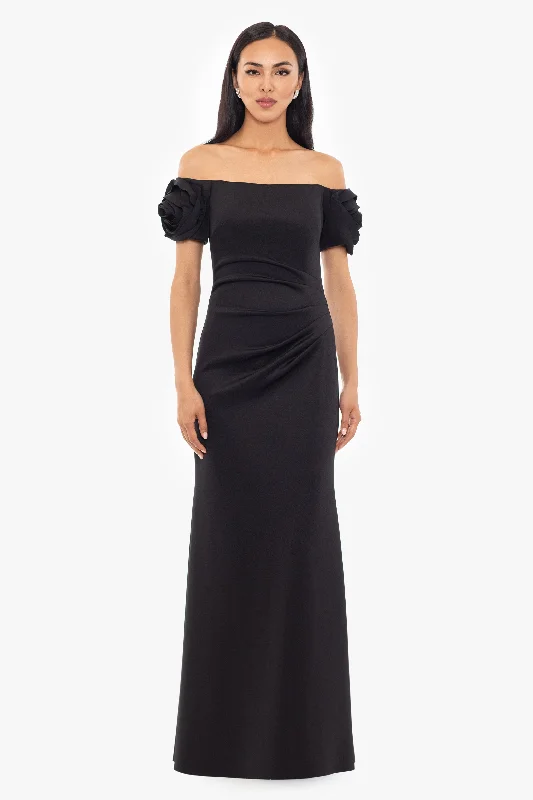New In This Season "Phoebe" Long Off the Shoulder Techno Scuba Ruffle Sleeve Dress