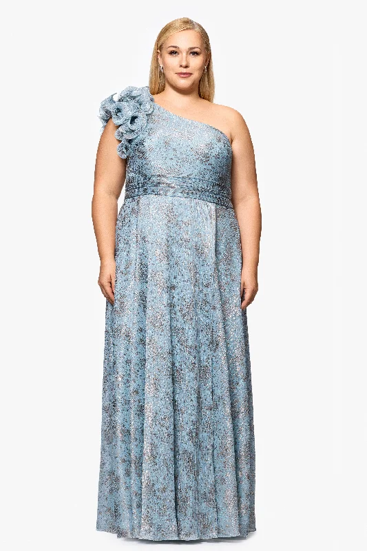 Glamorous Evening Wear Plus "Lillian" Crinkle Foil One Shoulder Ruffle Floor Length Dress