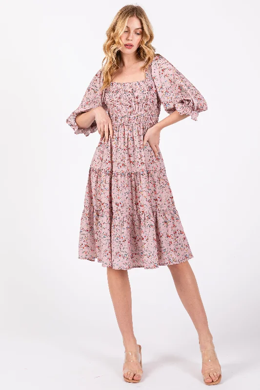 Discount Store Light Pink Floral Smocked Knee Length Dress