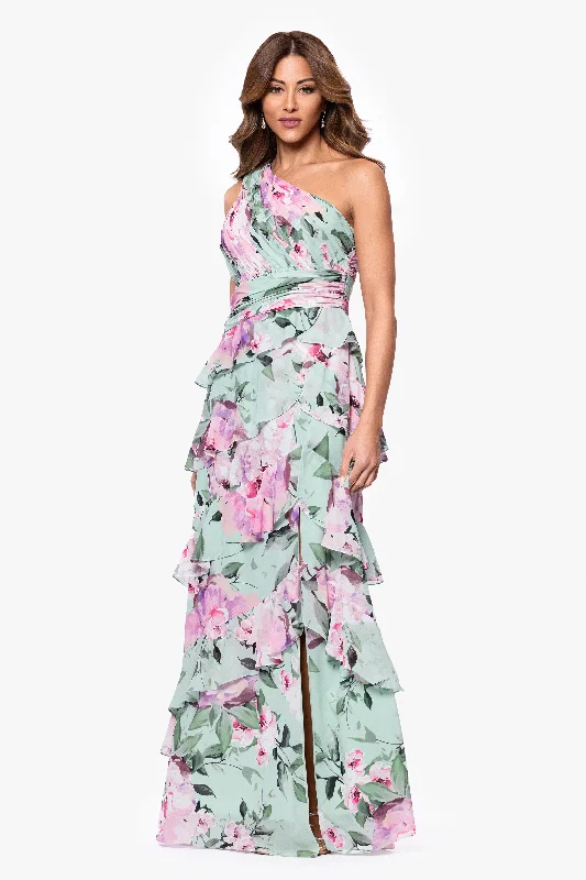 Limited Time Deal "Angela" Print Chiffon One Shoulder Ruffle Floor Length Dress