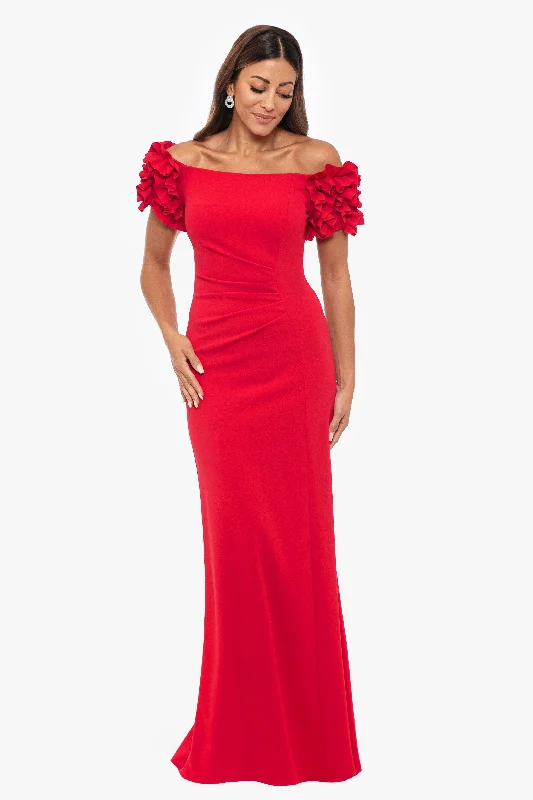 Summer Sale Petite "Sandy" Long Off the Shoulder Ruffle Scuba Crepe Floor Length Dress