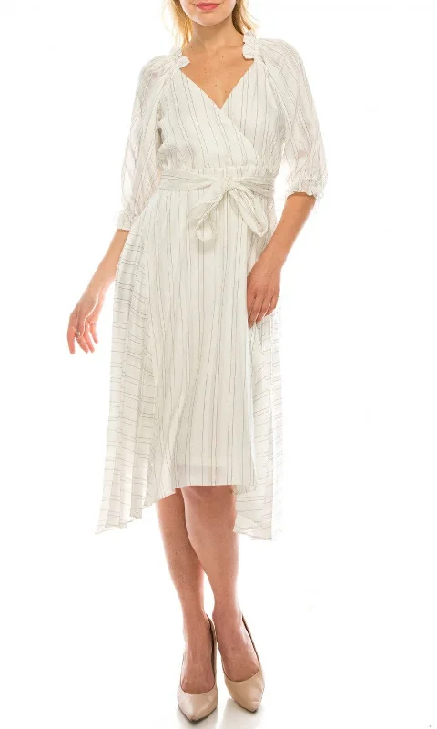 Colorful Clothing Maison Tara - 91053MSC Pinstripe Print Tie Waist Tea Length Dress