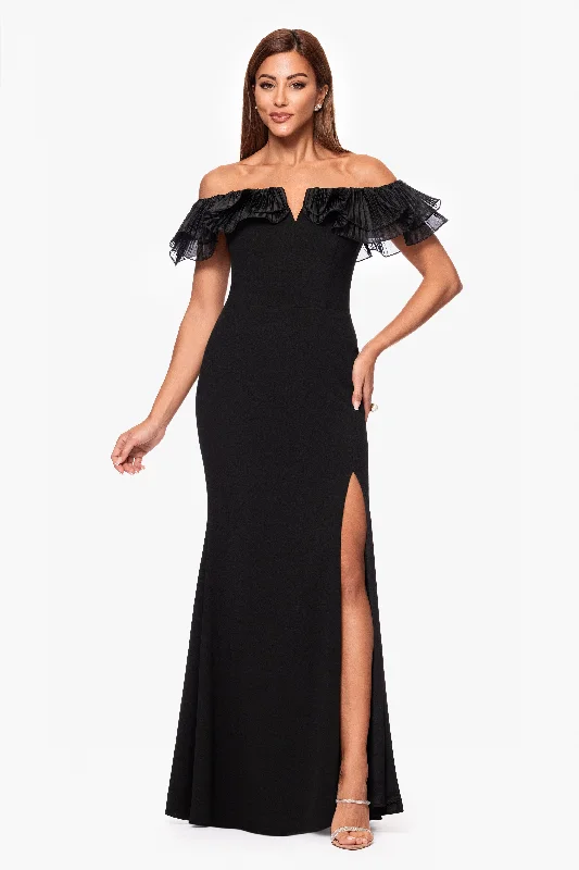 Weekend Sale "Ashley" Scuba Crepe Off the Shoulder Organza Ruffle Floor Length Dress