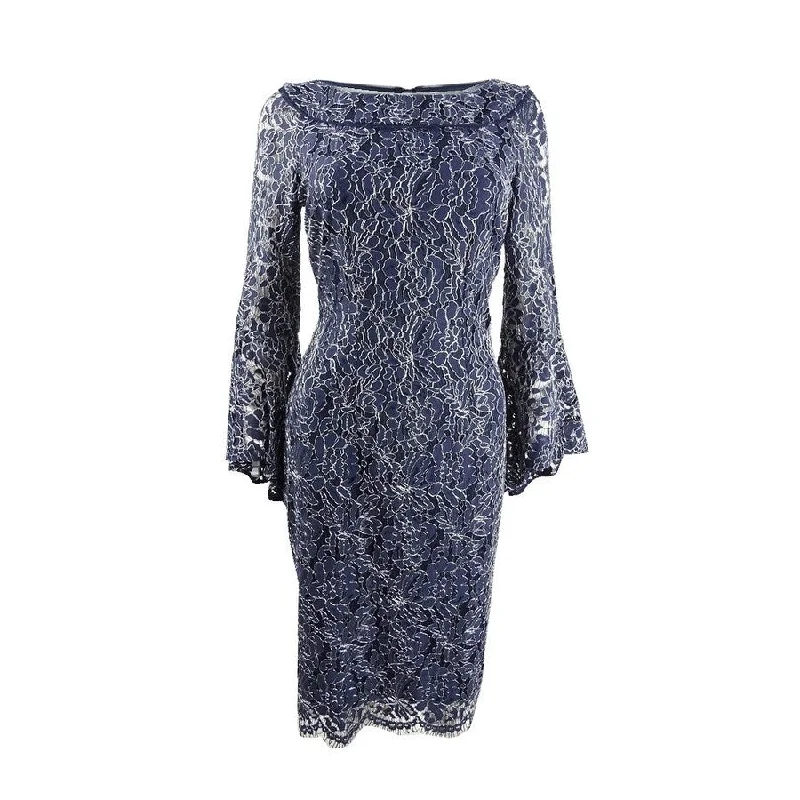 Budget-Friendly Fashion Xscape Women's Lace Belle-Sleeve Dress (4, Navy/SIlver)