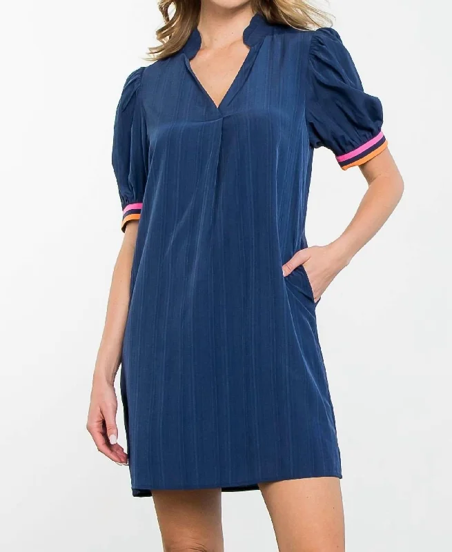 Vintage Fashion Puff Sleeve Dress With Pockets In Navy