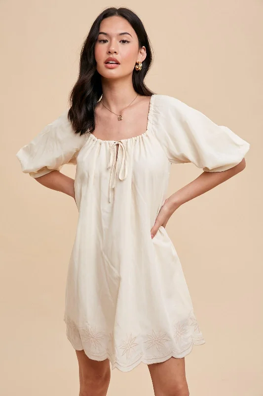 Extreme Clearance Deals Cream Embroidered Puff Sleeve Dress